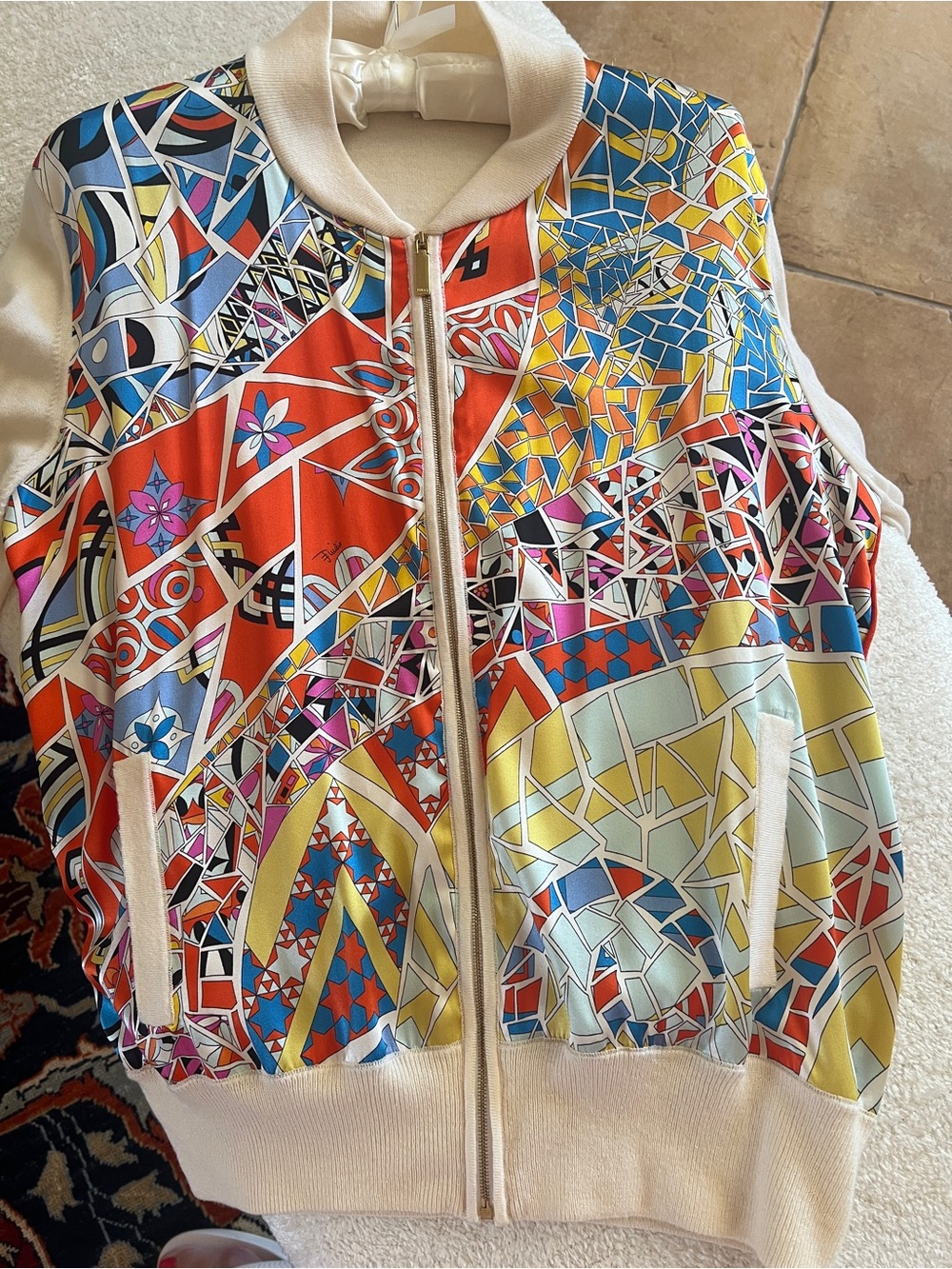 Emilio Pucci Multicolor Mosaic-Print Bomber Jacket with Cream Trim